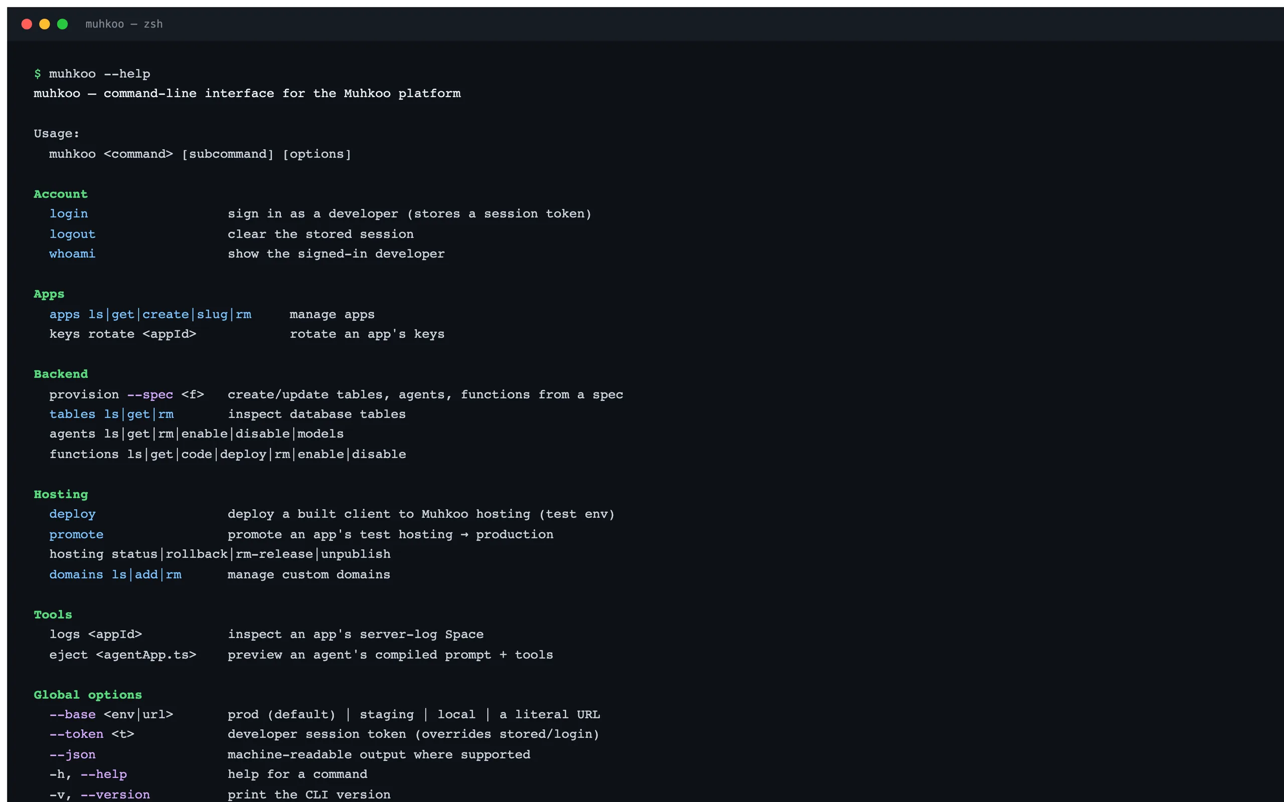 The muhkoo command-line interface help output in a terminal
